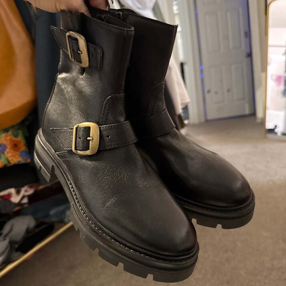 Miz Mooz Black Leather Moto Biker Ankle Boots with Gold Buckle Details 7